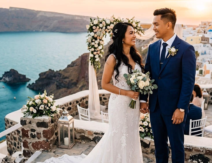 Filipino couple exchanging vows at a romantic Mediterranean destination wedding venue during golden hour.