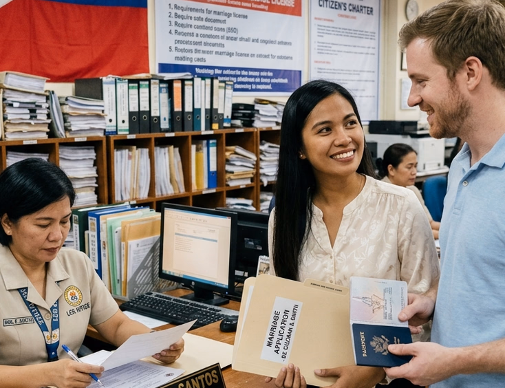 Filipino bride-to-be and her foreign Caucasian fiancé submitting marriage documents at a Philippine Local Civil Registrar counter.