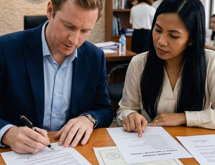 Filipino woman and her foreign fiancé signing a Certificate of Legal Capacity to Contract Marriage with apostilled documents at a Philippine embassy office.