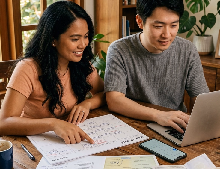 Filipino bride-to-be and her East Asian fiancé reviewing marriage requirements and a wedding planning calendar at home.