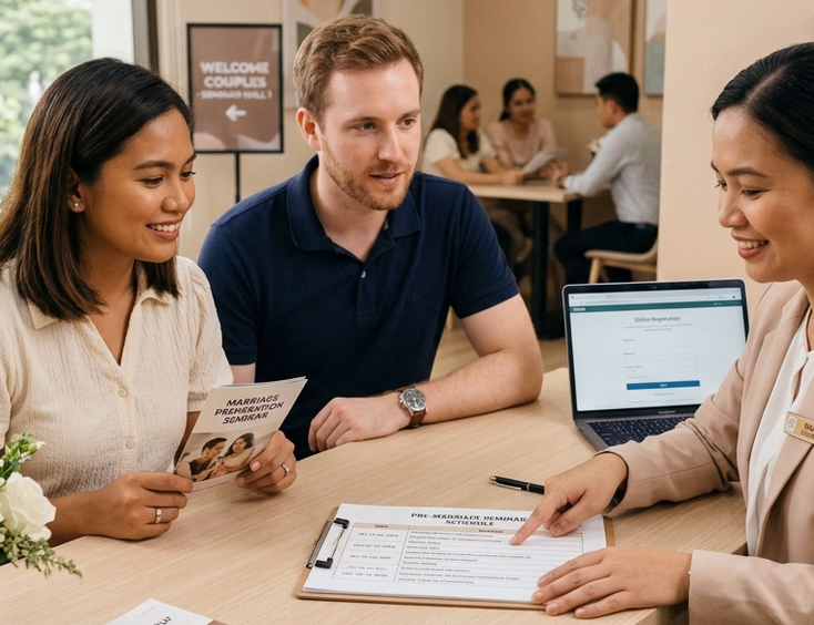 Filipino bride-to-be and her foreign Caucasian fiancé reviewing a pre-marriage seminar schedule with a coordinator at an accredited seminar center.