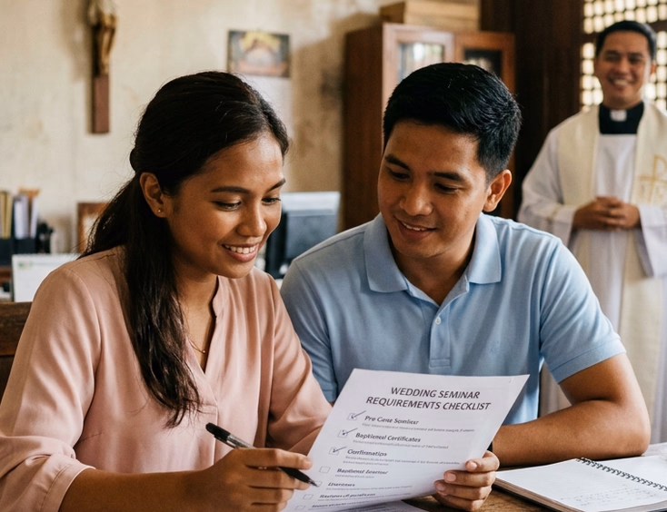 Filipino couple reviewing wedding seminar requirements with a Catholic priest in a sunlit Philippine parish office.