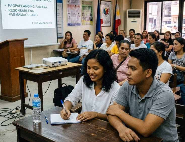 Filipino couple attending a Pre-Marriage Counseling session at a Local Civil Registrar seminar room in a Philippine city hall.