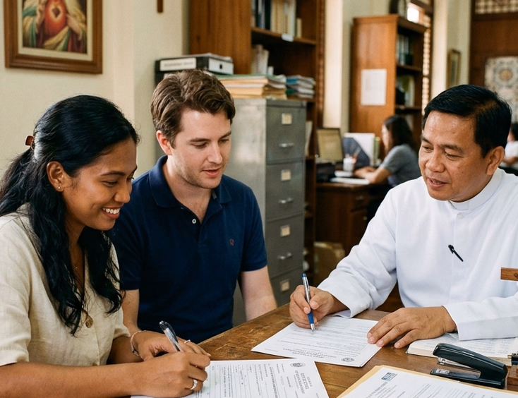 Filipina bride-to-be and her foreign fiancé reviewing embassy and dispensation paperwork with a parish priest in a Philippine parish office.