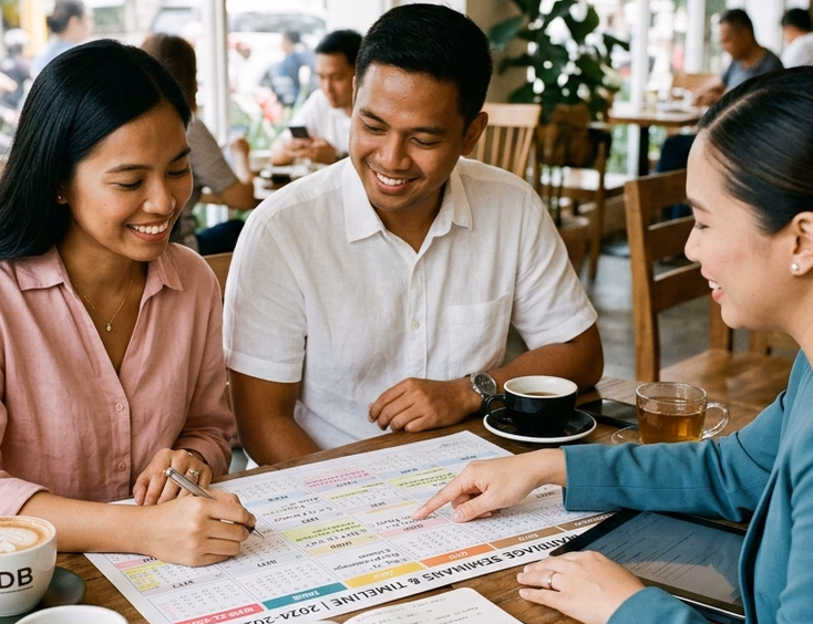 Filipino couple and wedding planner mapping out a 12-month wedding seminar timeline at a bright cafe table.