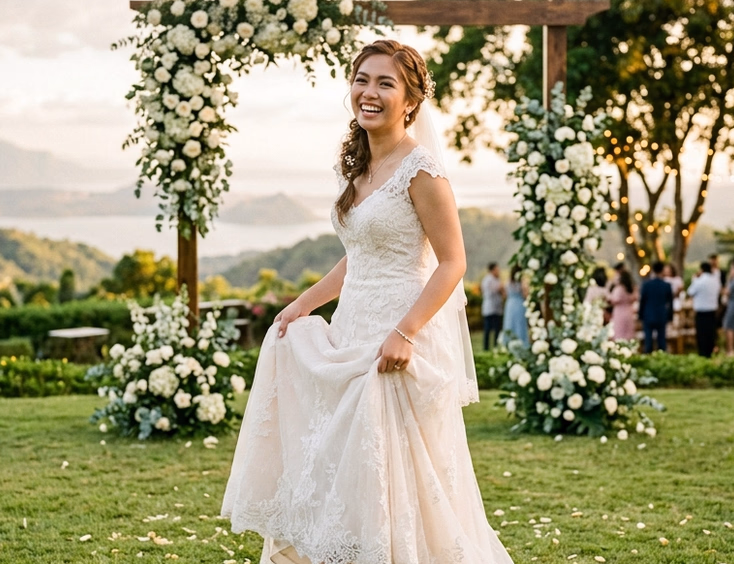 Filipino bride standing on a Tagaytay garden venue lawn in ivory wedge sandals, lifting her gown with string lights and flower-adorned ceremony arch in golden hour background