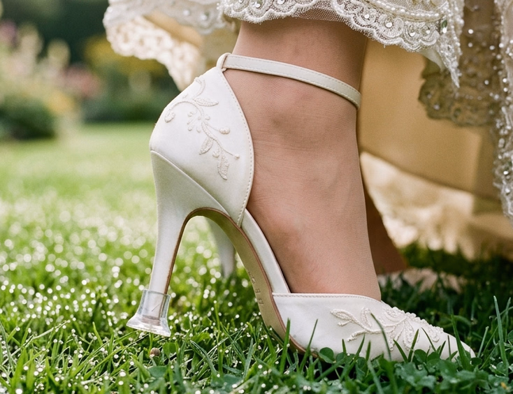 Close-up of a Filipino bride's ivory satin stiletto with clear plastic heel protector on dewy garden grass, with beaded gown hem framing the shot in soft natural light