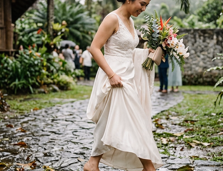 Filipino bride walking across a wet stone garden path at an Antipolo venue in nude leather block-heel pumps after a light afternoon shower under overcast lighting