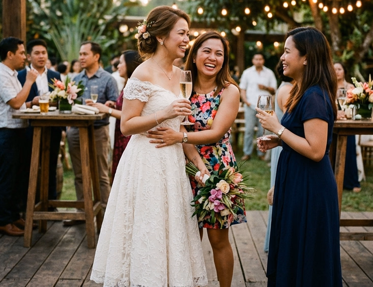Filipino bride in ivory espadrille wedges greeting guests on a wooden garden reception deck in Silang, holding a champagne flute under warm string lights at dusk