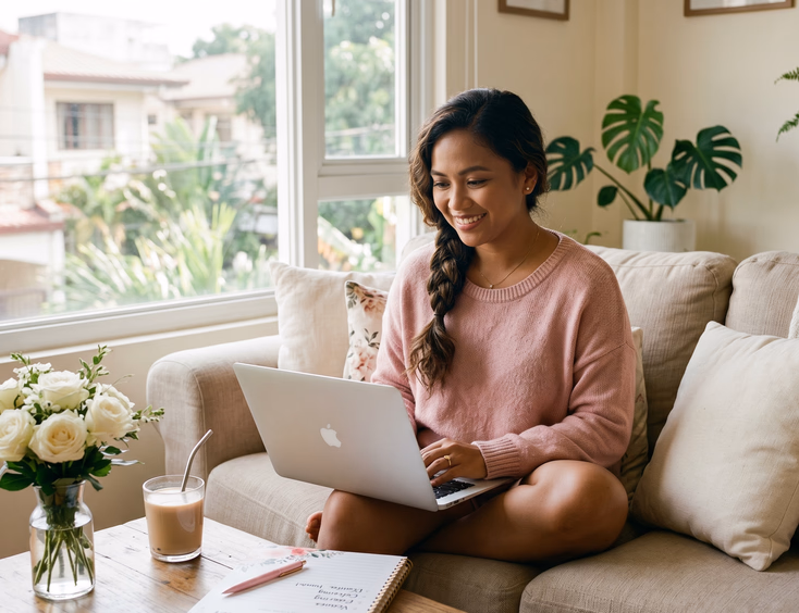 Filipino bride-to-be browsing a wedding supplier website on her laptop in a Quezon City living room.