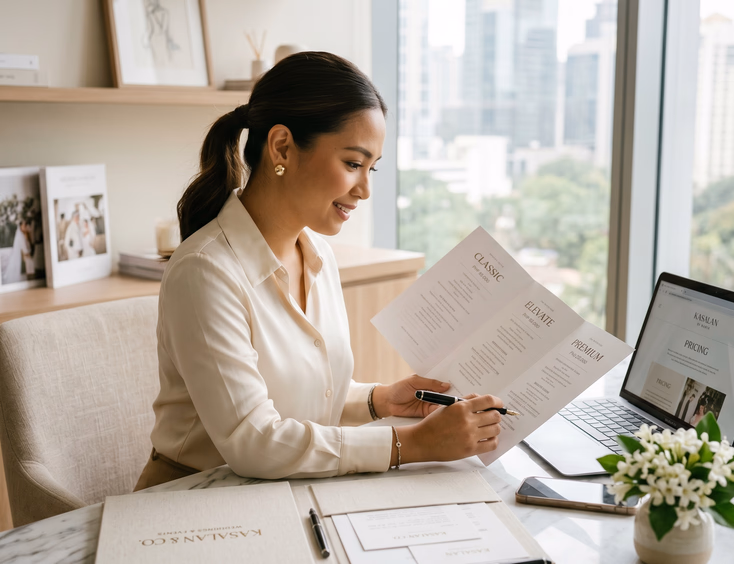 Filipino wedding planner reviewing wedding package pricing at her desk in a Makati studio.