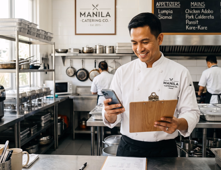 Filipino wedding caterer checking client inquiries on his smartphone in a Pasig commissary kitchen.