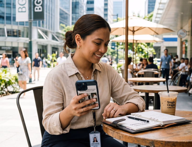Filipino bride-to-be browsing a wedding photographer's website on her smartphone at a BGC café.