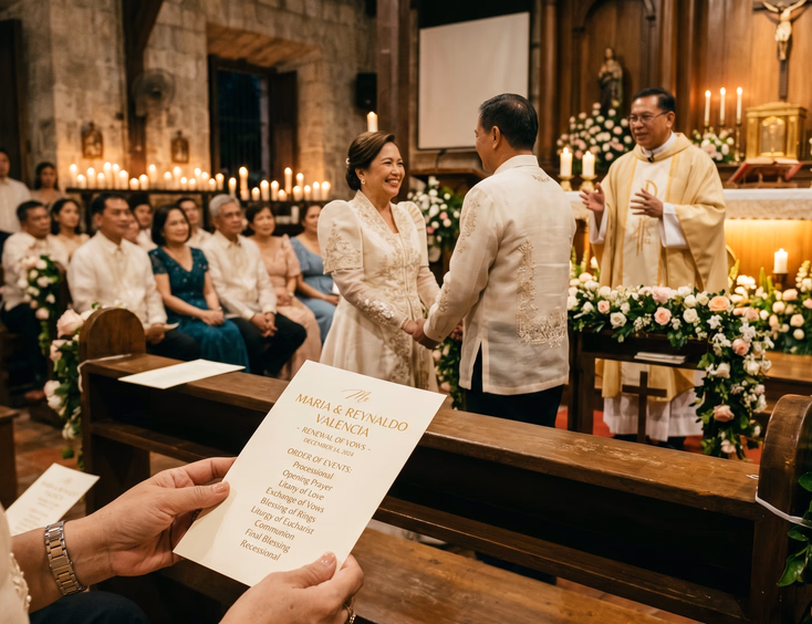 Mature Filipino couple renewing vows in candlelit chapel with a guest holding a program in the foreground.