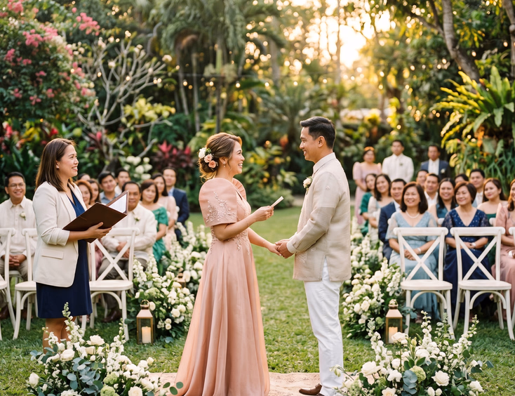 Filipino couple in their 40s exchanging personal vows in a lush garden at golden hour with a civil officiant.