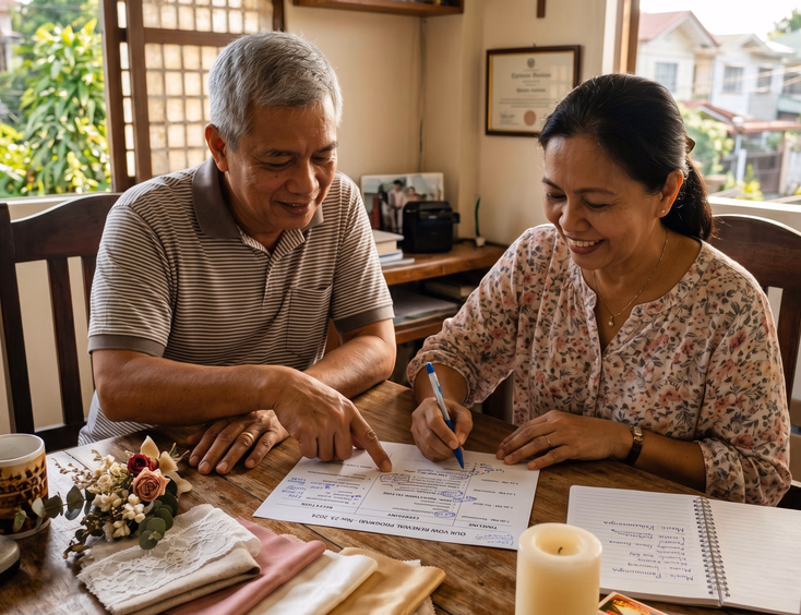 Filipino couple in their 50s planning their vow renewal program and timeline at home, with handwritten notes and fabric swatches.