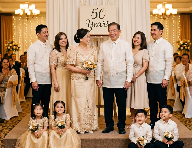 Filipino couple in their 70s celebrating a golden anniversary vow renewal in a hotel, surrounded by three generations of family.