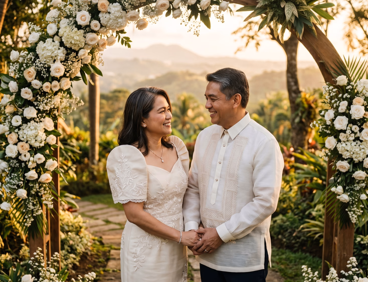 Mature Filipino couple in Filipiniana and Barong Tagalog holding hands under a floral arch in a Tagaytay garden.
