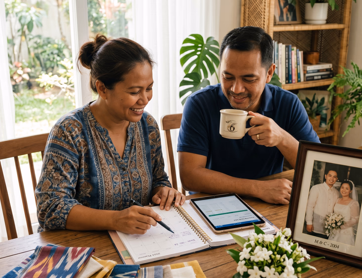 Filipino couple in their 40s sitting at a wooden dining table planning an event with a tablet and notebook.