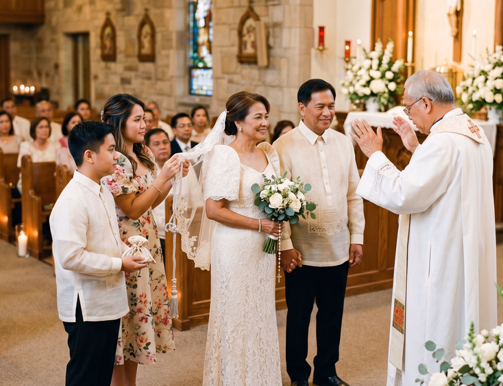 Senior Filipino couple receiving a chapel blessing with family during a traditional wedding vow renewal.