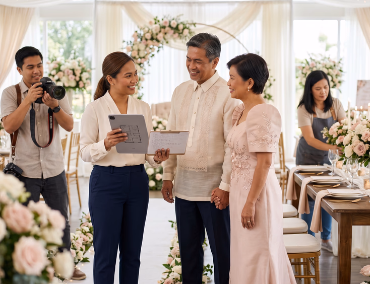 Filipino wedding coordinator reviewing reception details with a mature couple and event vendors in a bright venue.