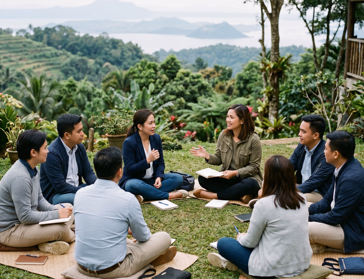 Filipino professionals in smart casual attire seated in a circle during an outdoor leadership and wellness retreat at a Tagaytay venue.