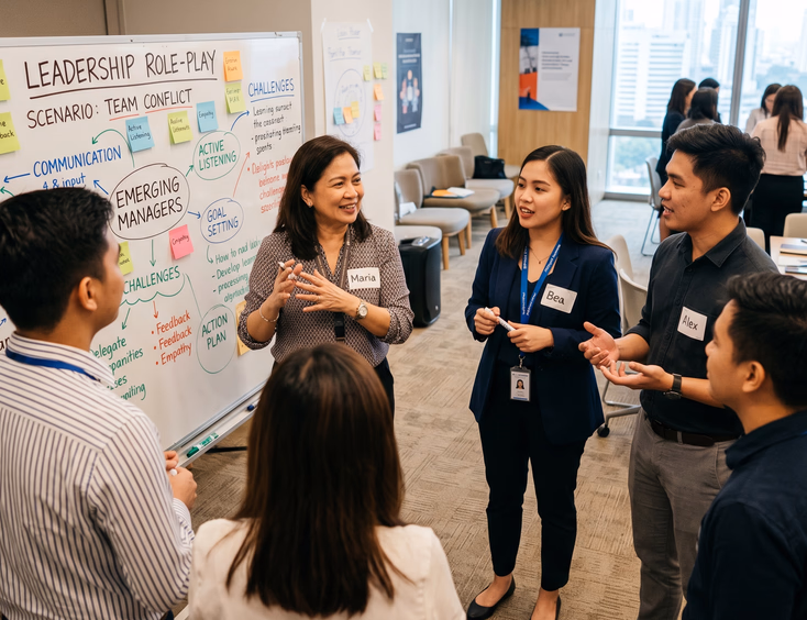 A Filipino facilitator guides emerging managers through a leadership role-play exercise in a bright workshop room at a whiteboard.