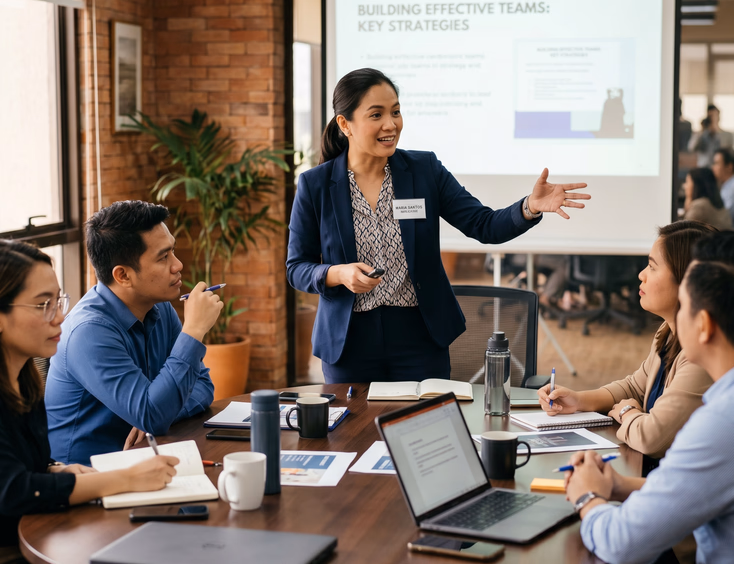 Confident Filipino facilitator leading an engaging corporate workshop session with attentive professionals around a table.