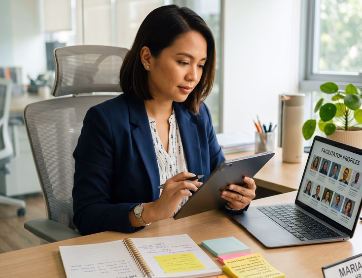 Filipino HR manager reviewing a corporate training program planning checklist on a tablet at an organized desk with a laptop.