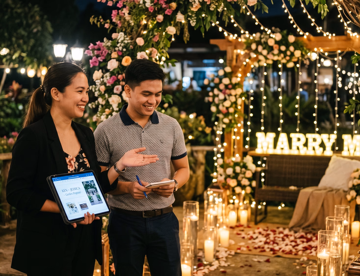 A Filipino proposal planner shows a detailed styled setup with flowers, candles, and lights to a young man at a warm, ambient event venue.