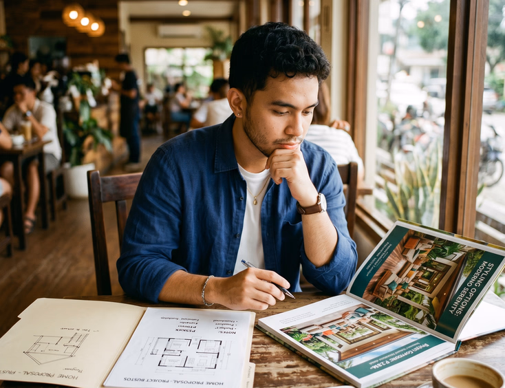 A thoughtful young Filipino man at a cafe compares photos of a simple home proposal setup against an elaborate styled one, weighing his choices.