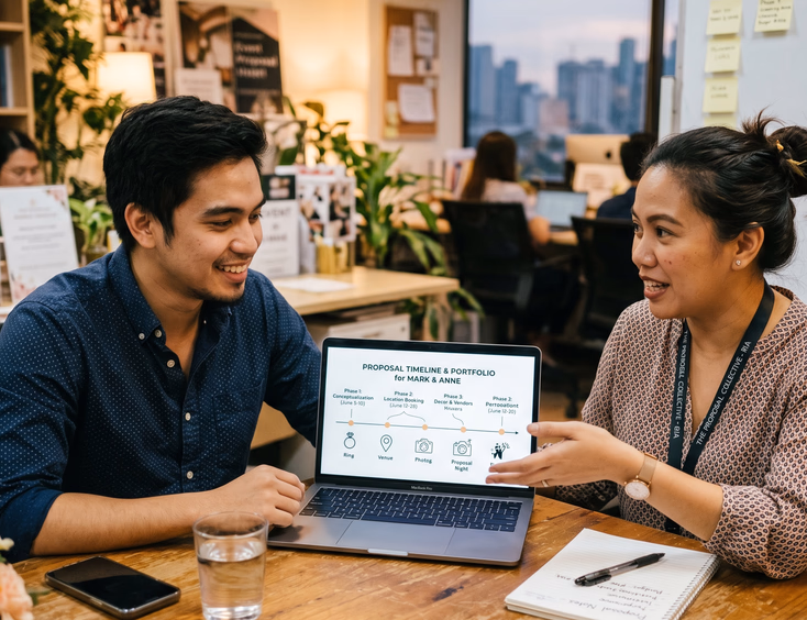 A young Filipino man sits at a table for a detailed consultation with a proposal planner who shows a portfolio and timeline on a laptop.