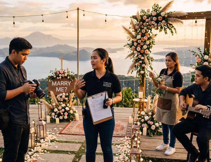 A Filipino proposal planner coordinates final details with a photographer, florist, and musician at a decorated golden hour setup.