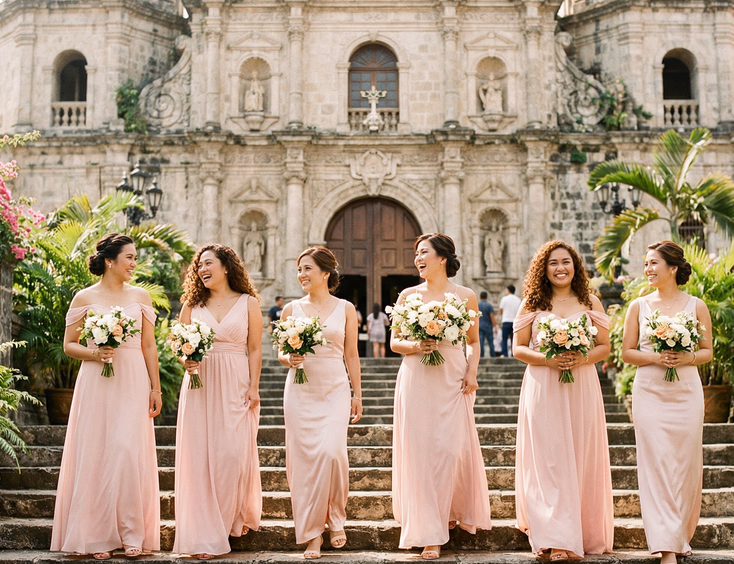 Filipino bridesmaids in blush pink gowns walking down stone steps outside a grand Catholic church in the Philippines holding white and peach flower bouquets, candid editorial wedding photo