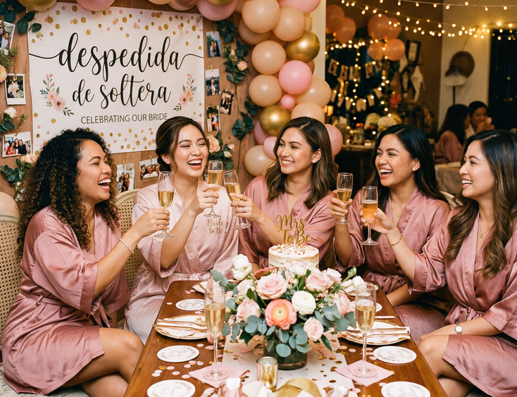 Filipino women in matching satin robes laughing and raising glasses at a despedida de soltera celebration in the Philippines with pink and gold party decorations and string lights