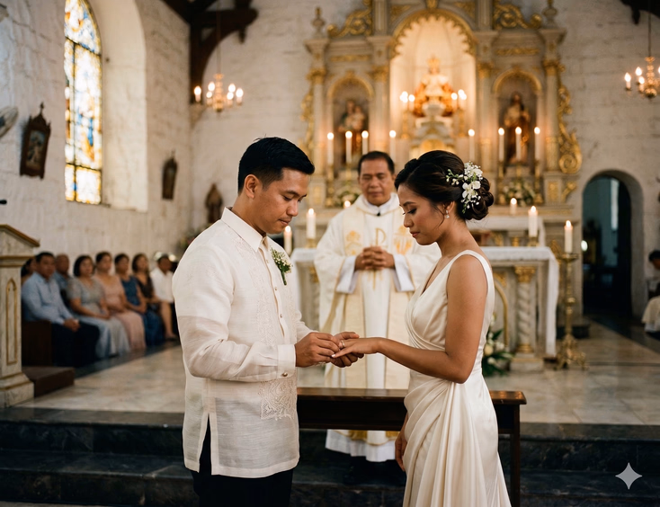 Inside a traditional Filipino Catholic church with white-painted stone walls and dark wooden pews, a Filipino groom in a white Barong Tagalog gently slides a gold wedding band onto the ring finger of a Filipina bride in a fitted ivory satin gown with white flowers in her styled hair. Both faces are turned tenderly downward toward their joined hands as a blurred Catholic priest in white vestments stands behind them and soft golden light filters through stained glass windows.