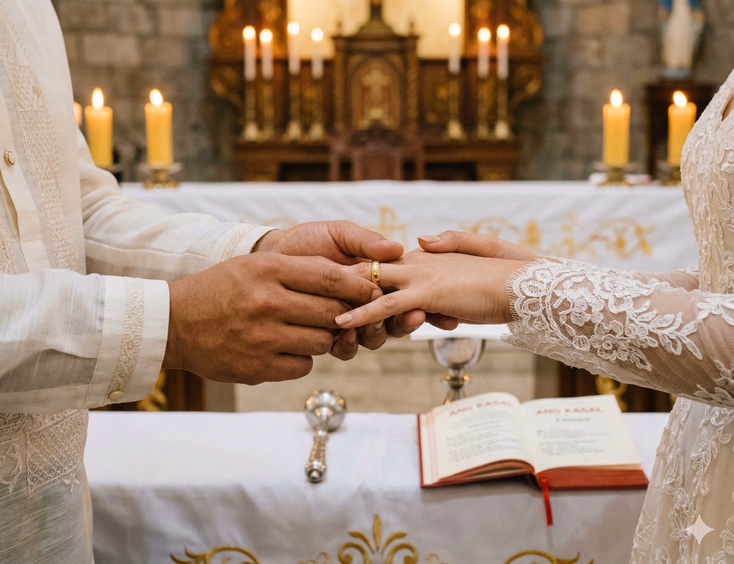 A close-up of two pairs of hands at a Filipino Catholic church altar capturing the exact moment of the ring exchange — a Filipino groom's steady hands in white Barong Tagalog cuffs carefully place a plain gold wedding band onto the ring finger of a Filipina bride with light morena skin and nude-painted nails wearing an ivory lace sleeve. A silver aspergillum and a small open ritual book rest slightly out of focus on the white-draped altar as warm golden candlelight washes across the hands.