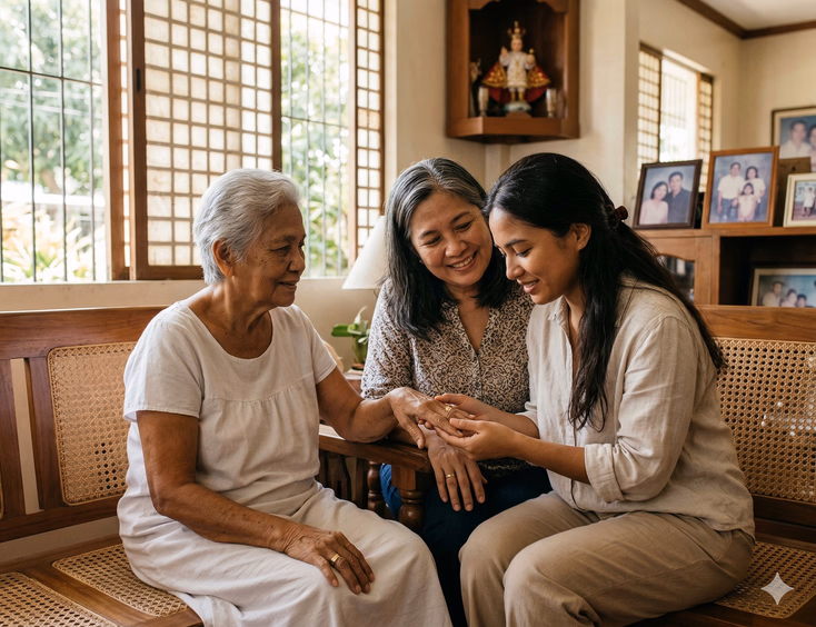 In a bright Filipino living room with soft afternoon light filtering through capiz shell windows, three generations of Filipino women sit together on a wooden sala set with woven cushions. The lola in her late 70s gently holds up her left hand displaying a worn gold wedding band as her daughter beside her leans in warmly, her own gold band catching the light. On the right, the young bride-to-be holds the lola's ringed hand in both of hers, looking at it with quiet reverence and emotion.