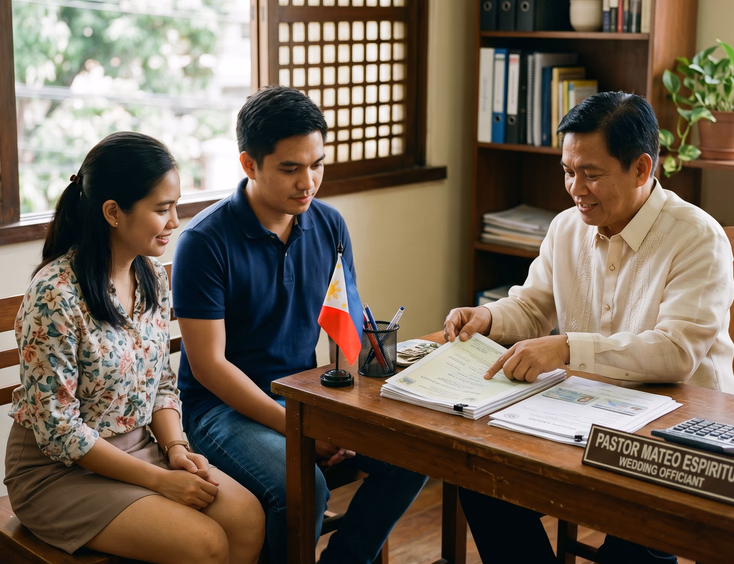 Filipino couple organizing wedding documents like CENOMAR and marriage license with an officiant.