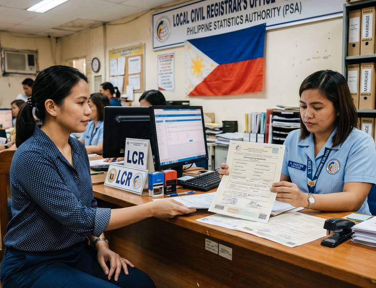 Filipino woman submitting a PSA-annotated marriage certificate at a Local Civil Registrar office.