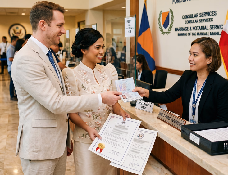 Foreign groom and Filipino fiancée submitting a Certificate of Legal Capacity to Contract Marriage at an embassy.