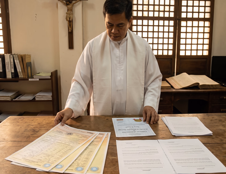 Catholic priest preparing a Philippine Certificate of Marriage and solemnization license in a parish office.