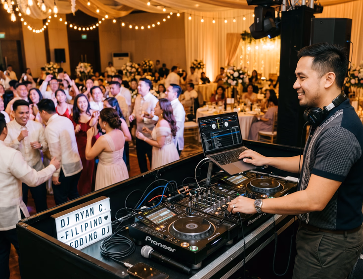 Filipino wedding DJ in smart casual outfit mixing music at a professional DJ console with guests dancing on a packed reception dance floor in the Philippines