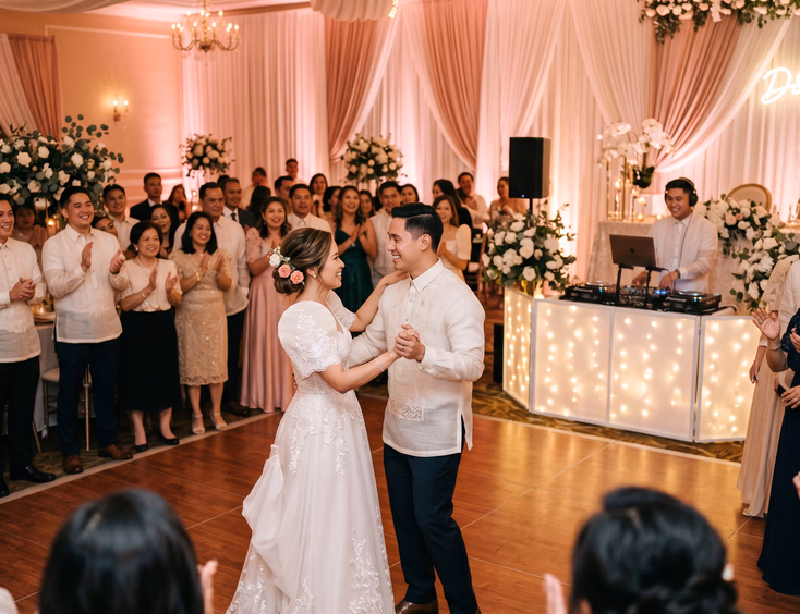Filipino bride and groom sharing their first dance at an elegant indoor wedding reception ballroom while a DJ performs in the background