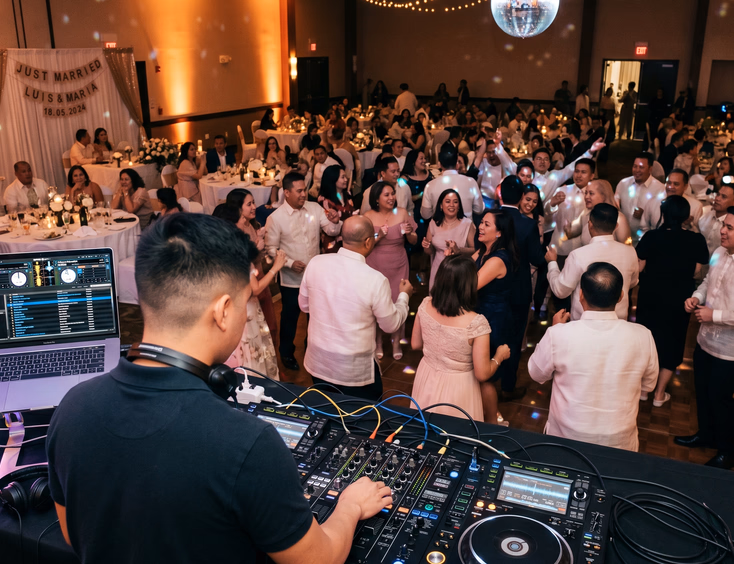 Behind-the-shoulder view of a Filipino wedding DJ at the console overlooking guests dancing and socializing at a wedding reception in the Philippines