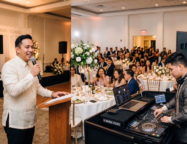 Filipino wedding emcee in barong tagalog hosting alongside a wedding DJ at the console during an indoor Filipino wedding reception