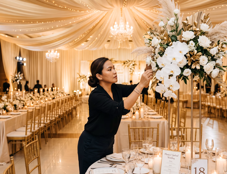 Filipino female wedding stylist in a black blouse adjusting a tall floral centerpiece inside a grand wedding reception venue in the Philippines with draped ivory ceilings, candles, and styled guest tables