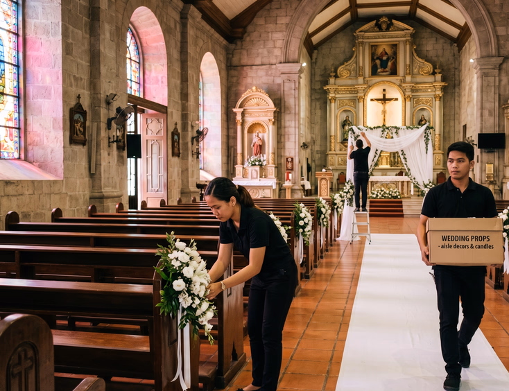 Wide shot of a Filipino wedding styling crew of three setting up a wedding ceremony aisle inside a Philippine church with floral pew accents, altar fabric draping, and early morning light through stained glass windows