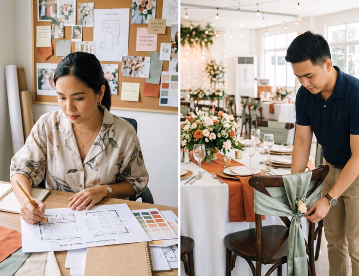 Split composition showing a Filipino female stylist reviewing a floor plan and moodboard alongside a Filipino male decorator arranging chair sashes and table runners at a reception venue