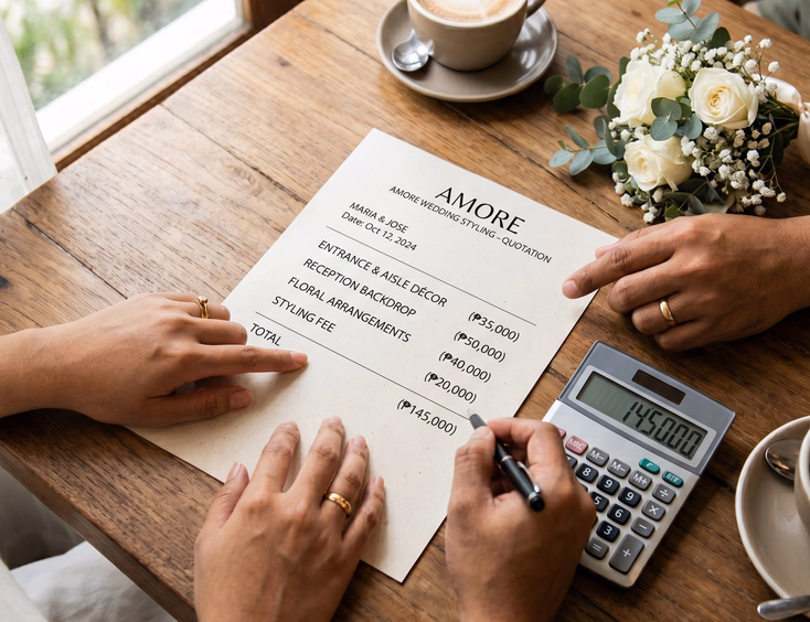 Overhead close-up of a Filipino couple's hands reviewing a printed wedding styling quotation on a wooden table with a bouquet sample, calculator, pen, and two cups of coffee